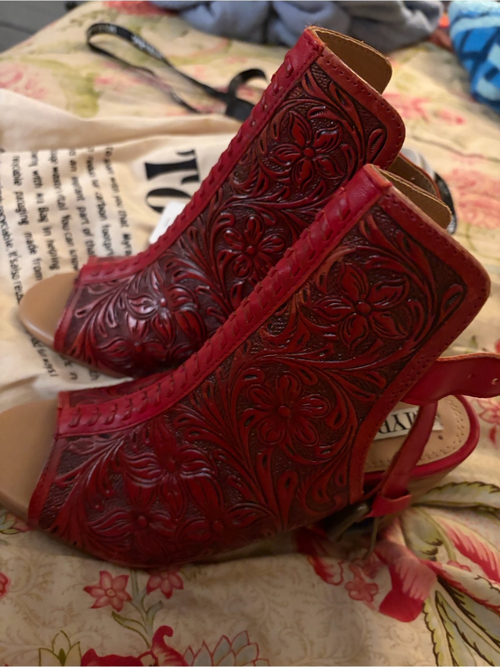Myra Bag Red Embossed/Tooled Leather Open-Toe Sandal Booties - Picture 3 of 6